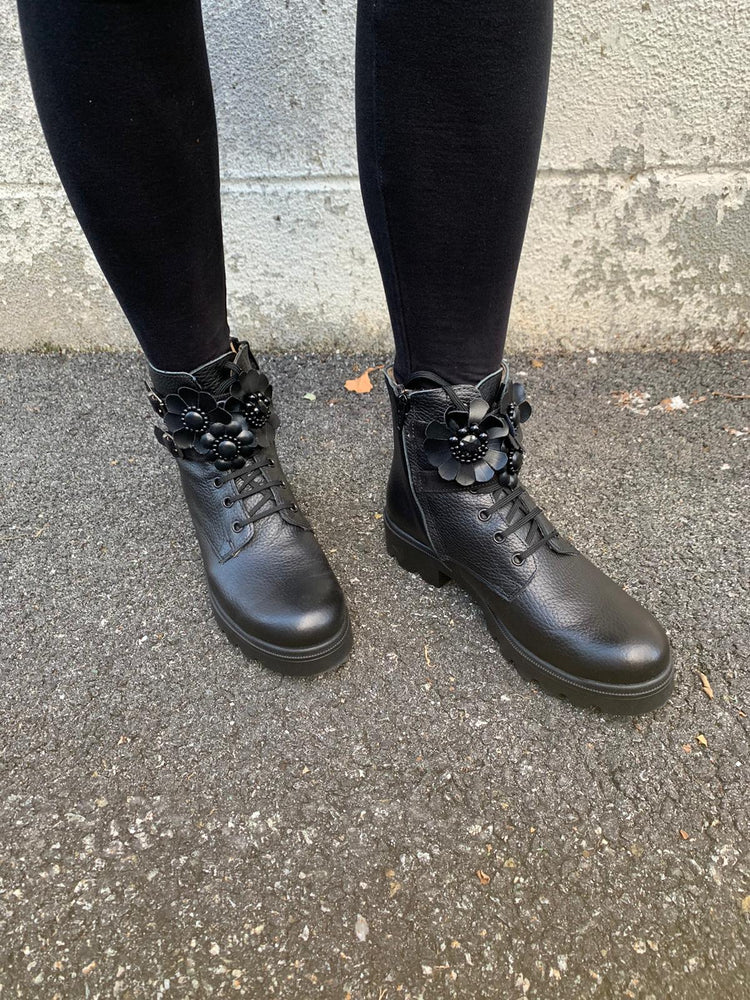 Confetti Black Leather Flowers Combat Boot 3525