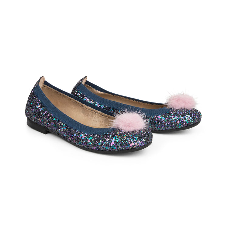 Confetti Blue Sparkle Pom Pom Ballet Slip On