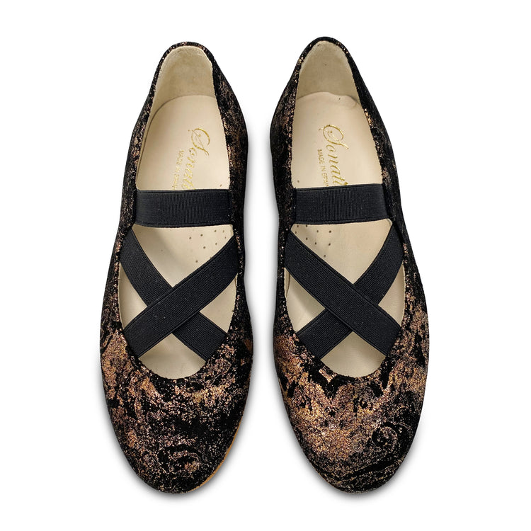 Sonatina Lady Rose Gold Black Floral Elastic Slip on