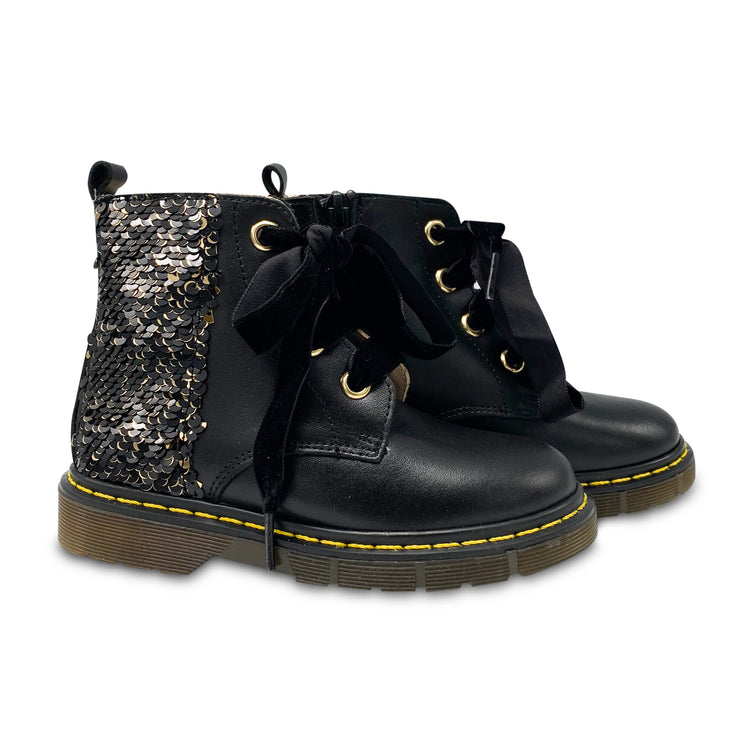 Confetti Black Leather Sequin Back Combat Bootie 8224