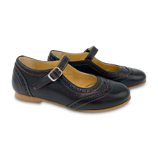 LMDI Doll Black Leather Rainbow Stitching Wingtip Mary Jane