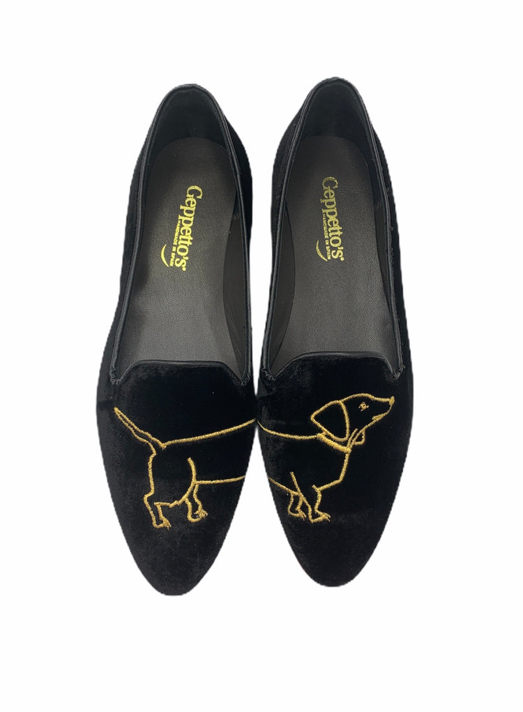 Geppettos Bentley Black Velvet Gold Dog Pointed Slip On 0570