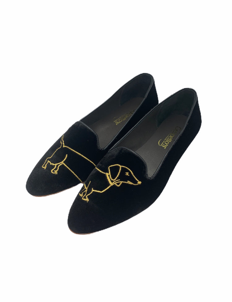 Geppettos Bentley Black Velvet Gold Dog Pointed Slip On 0570