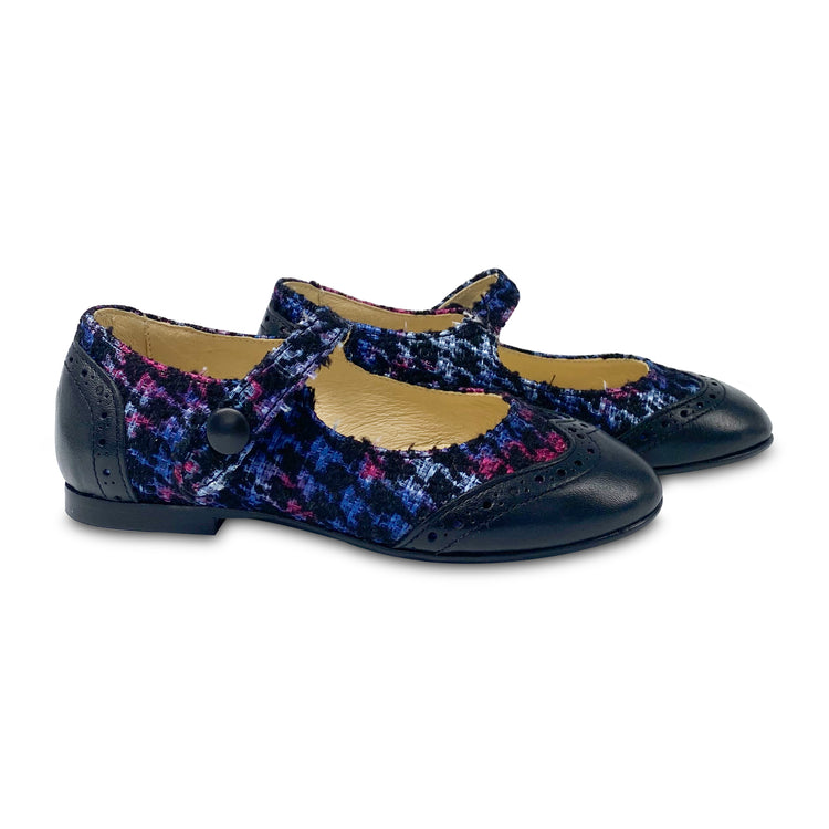 Blublonc Celia Malibu Blue Houndstooth Black Leather Wingtip Mary Jane