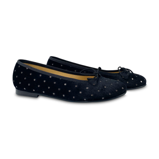 LMDI Black Velvet Silver Polka Dot Bow Ballet Slip On  137153A