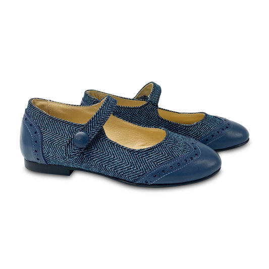 Blublonc Celia Orion Blue Herringbone Wingtip Mary Jane