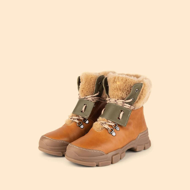 Dulis Camel Olive Green Shearling Trim Lug Sole Bootie 0453