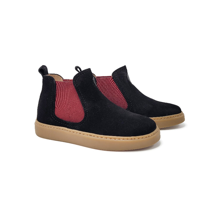 confetti-black-suede-elastic-slip-on-bootie