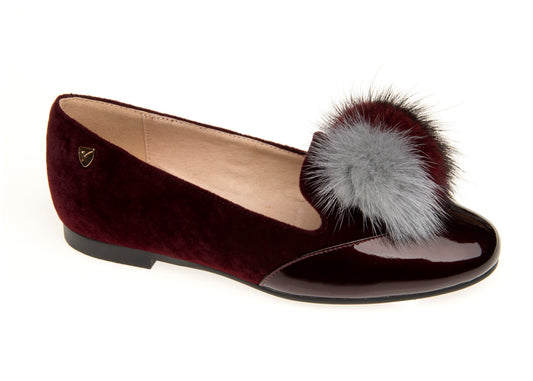 Venettini Eggplant Velvet Pom Pom Front Patent Slip On