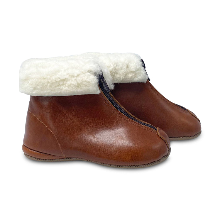 Pepe' ES X LS Gingerbread Leather Crème Faux Fur Trim Front Zipper Bootie