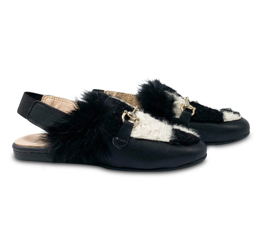 Brunellis Black White Shearling Chain Slingback Mule 3021