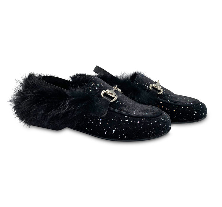 Hoo Black Sparkle Velvet Fur Slingback Mule 3087