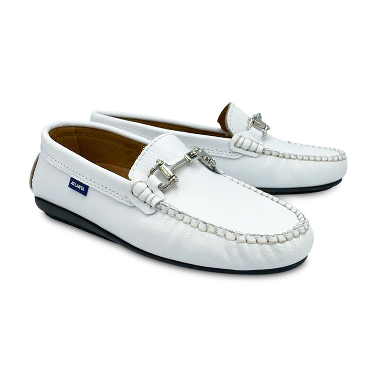 Atlanta Mocassin White Leather Silver Chain Slip On Loafer 18849