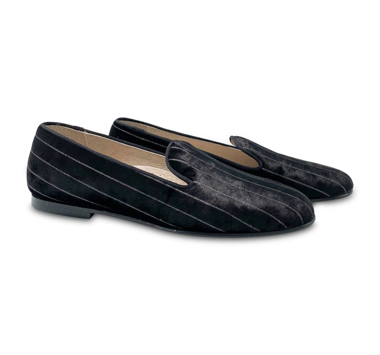 Hoo Black Velvet Silver Pinstripe Slip On 2432