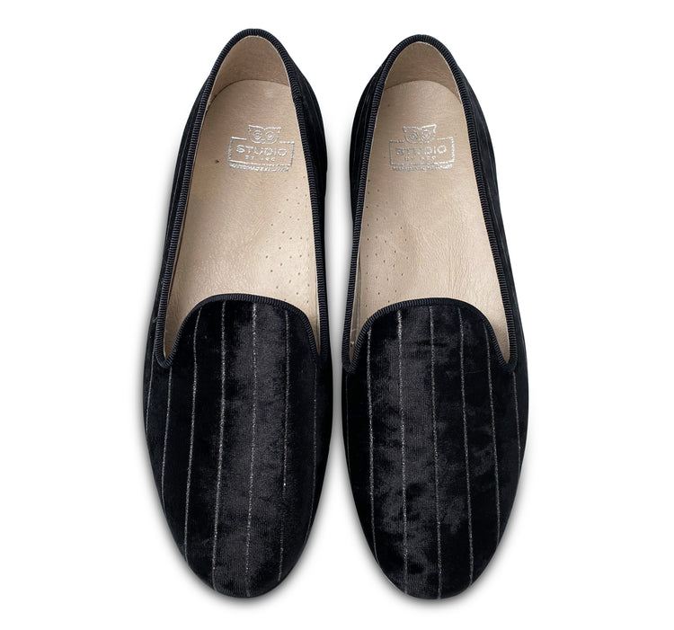 Hoo Black Velvet Silver Pinstripe Slip On 2432