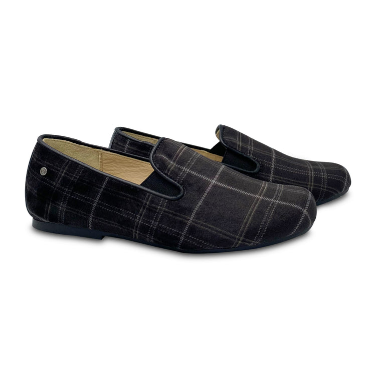 Manuela De Juan Black Velvet Grey Plaid Smoking Slip On S2488