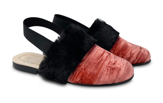 Pink Crushed Velvet Black Fur Slingback Mule 2406