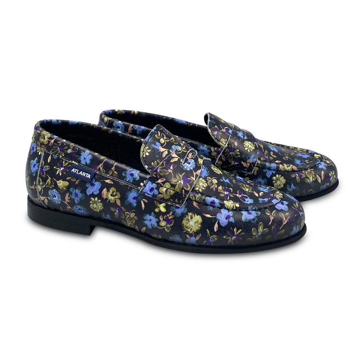 Atlanta Mocassin Black and Blue Floral Penny Loafer 861