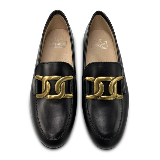 Hoo Black Leather Brushed Gold Curb Chain Slip On Loafer 3257