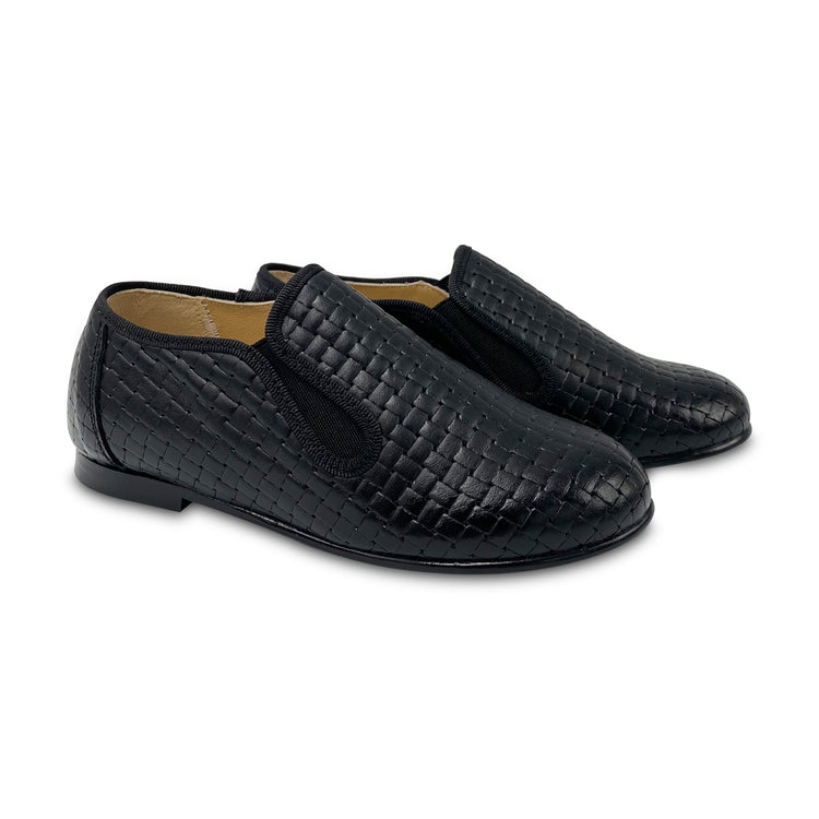 Geppettos Black Leather Basket Weave Smoking Slip on 138507B