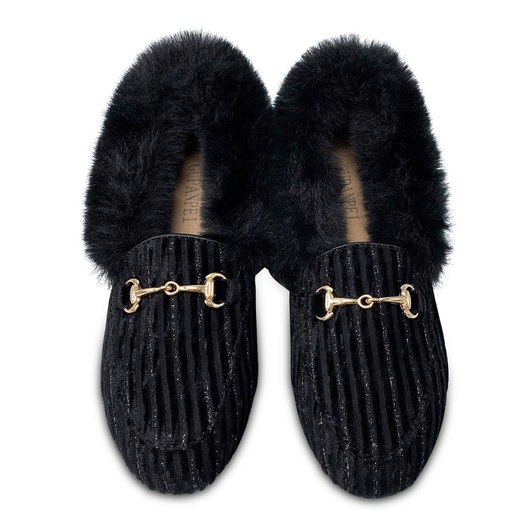 Gufanpei Black Shimmer Velvet Fur Chain Slip On 186813