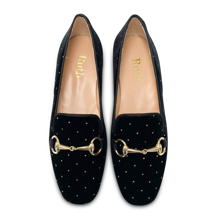 Ruth Secret Black Velvet Gold Studded Chain Slip On 2604