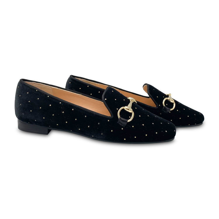 Ruth Secret Black Velvet Gold Studded Chain Slip On 2604