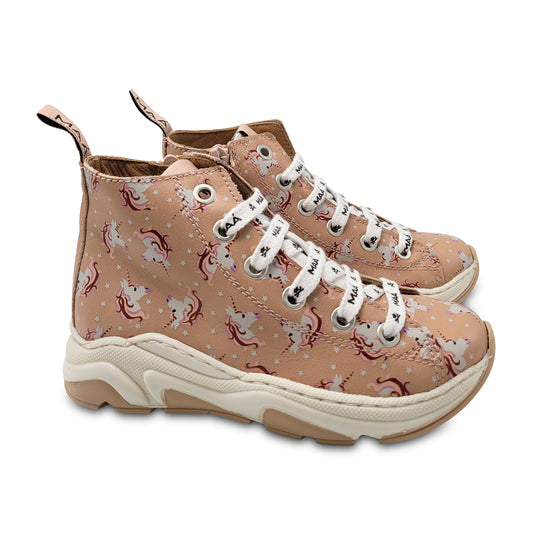 Maa by Manuela De Juan Nude Pink Unicorn Print Lace High Top Sneaker C223