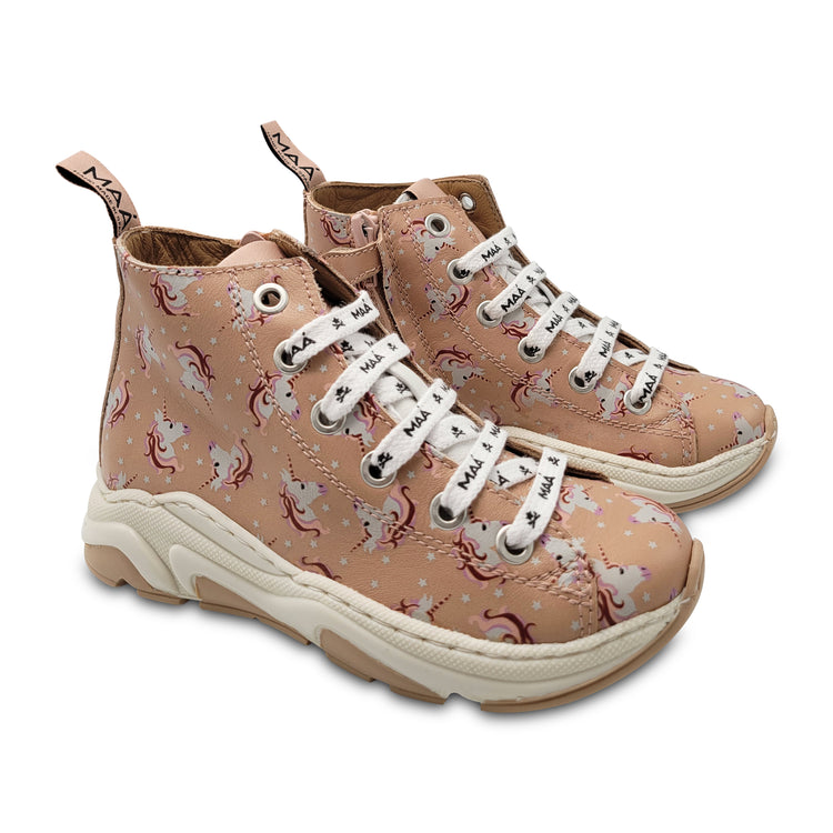 Maa by Manuela De Juan Nude Pink Unicorn Print Lace High Top Sneaker C223