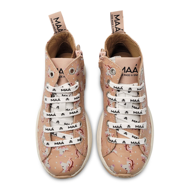 Maa by Manuela De Juan Nude Pink Unicorn Print Lace High Top Sneaker C223