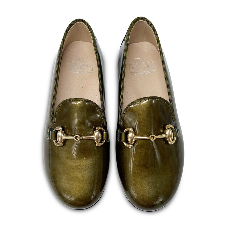 Hoo Olive Green Metallic Patent Chain Smoking Slip On 3172