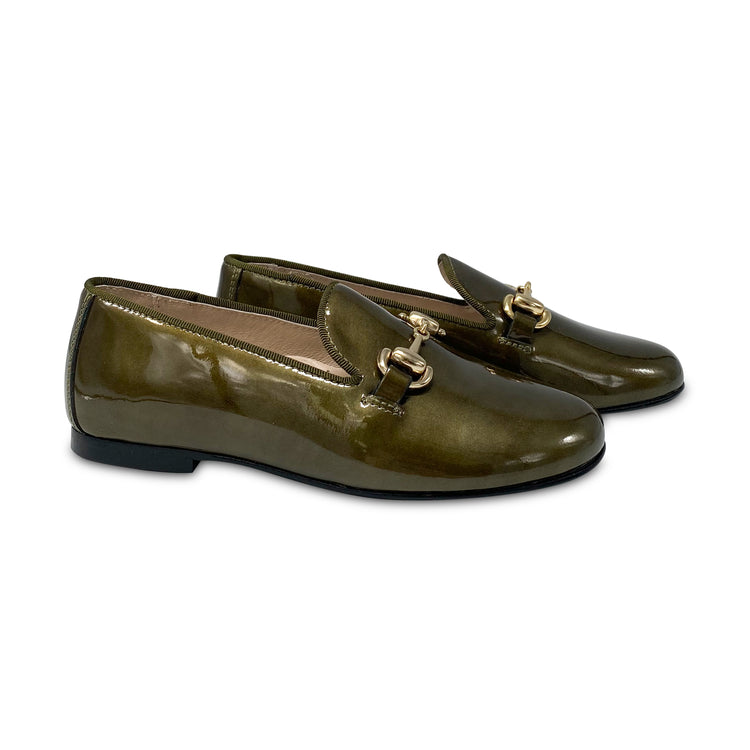 Hoo Olive Green Metallic Patent Chain Smoking Slip On 3172