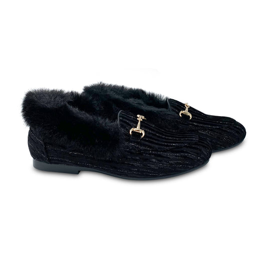 Gufanpei Black Shimmer Velvet Fur Chain Slip On 186813