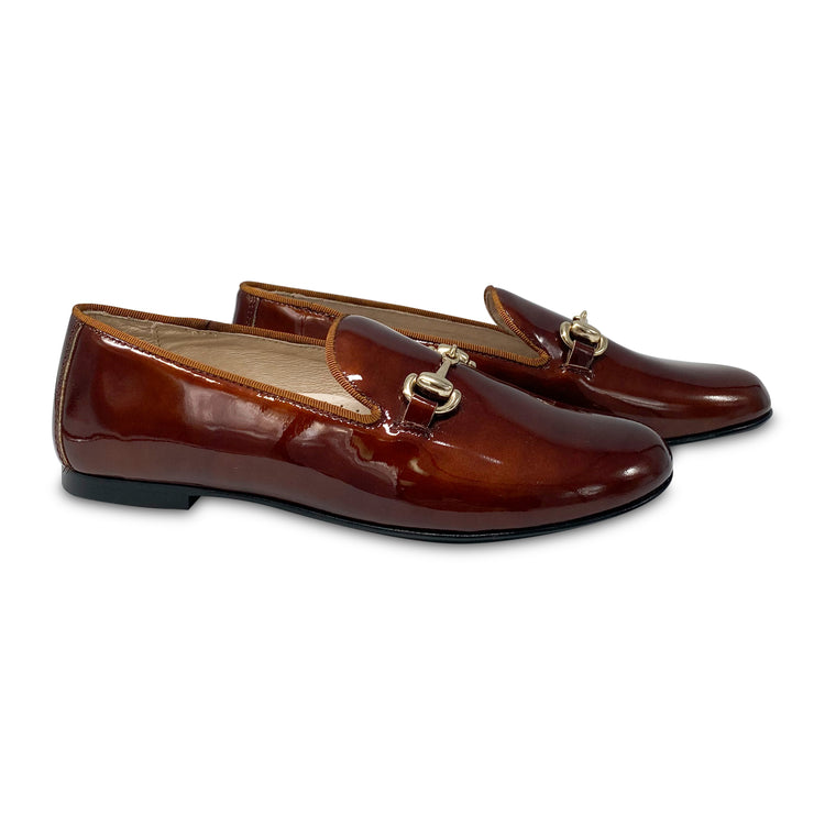 Hoo Brown Metallic Patent Chain Smoking Slip On 3172