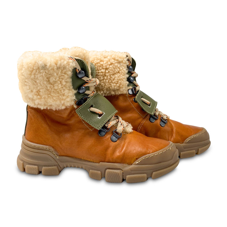 Dulis Camel Olive Green Shearling Trim Lug Sole Bootie 0453