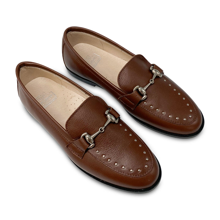 Hoo Brown Leather Studded Chain Loafer 3176