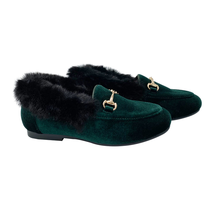 Gufanpei Forest Green Velvet Fur Chain Slip on 186813