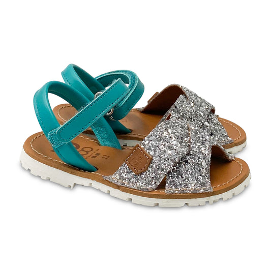 HOO Turquoise Silver Glitter Velcro Sandal RB1018B