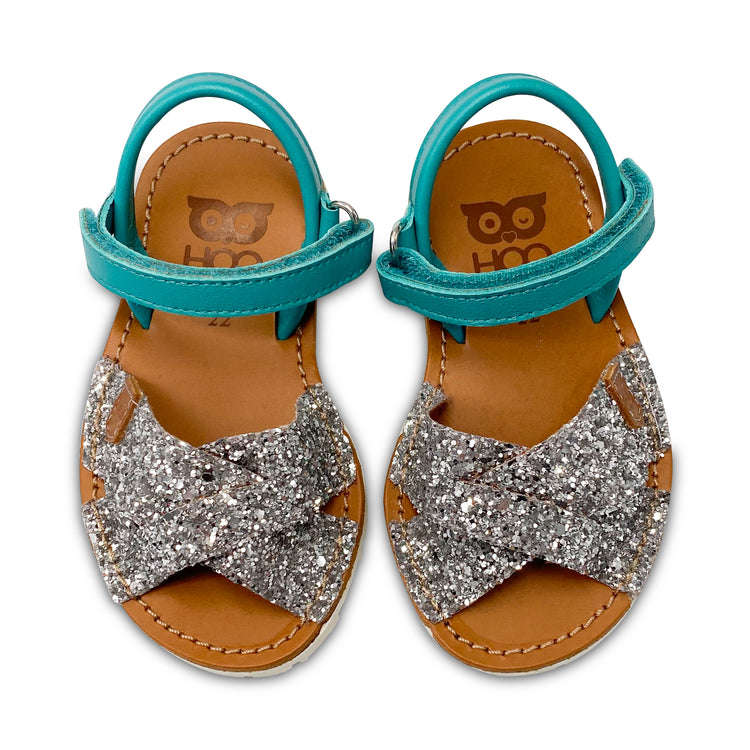 HOO Turquoise Silver Glitter Velcro Sandal RB1018B