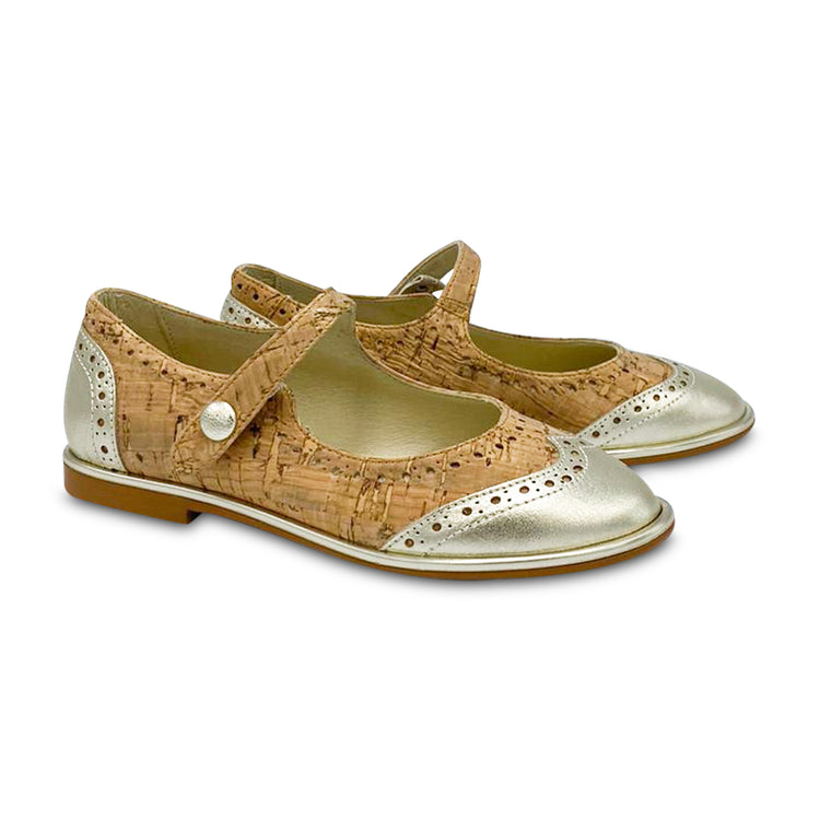 Blublonc Celia Cork Gold Wingtip Mary Jane